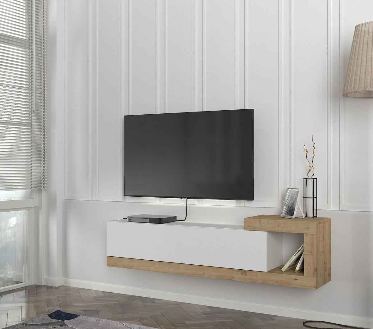 MOEBEL17 TV Lowboard 150 cm – Modernes Lowboard TV Schrank – TV Board Wohnzimmer – Fernsehtisch – TV Möbel Sideboard Modern – Modell Bliss - Weiß/Braun, Holzwerkstoff (150/37/30cm) - moebel17