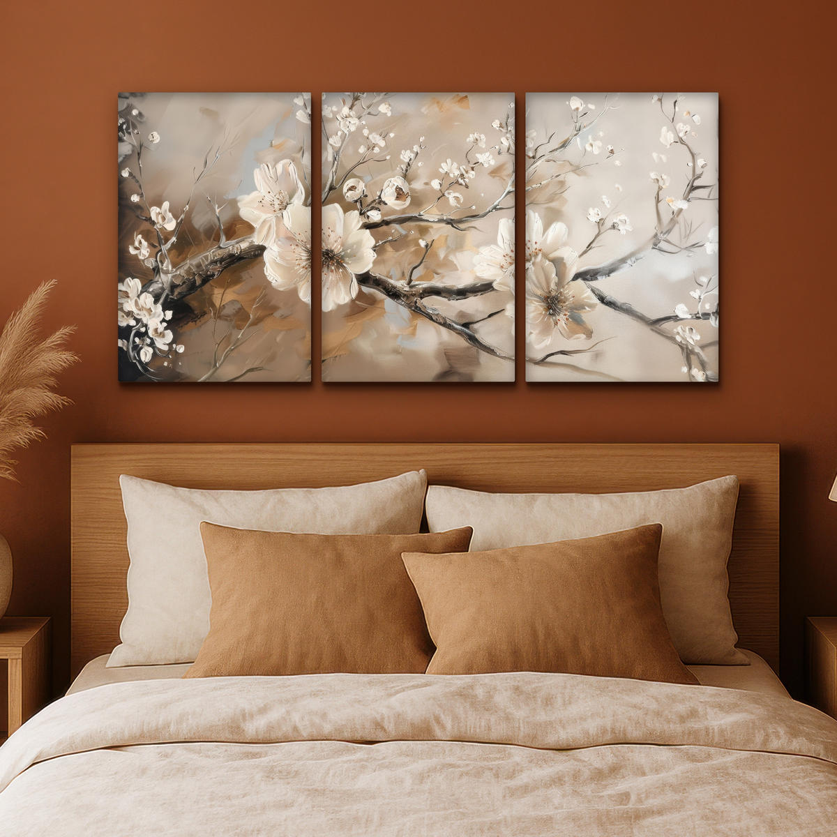 LEINWANDBILD 3er Set Blüte - Beige - Abstrakt - Blumen 120x60 cm - Hellbraun, Textil (120/60cm) - MuchoWow