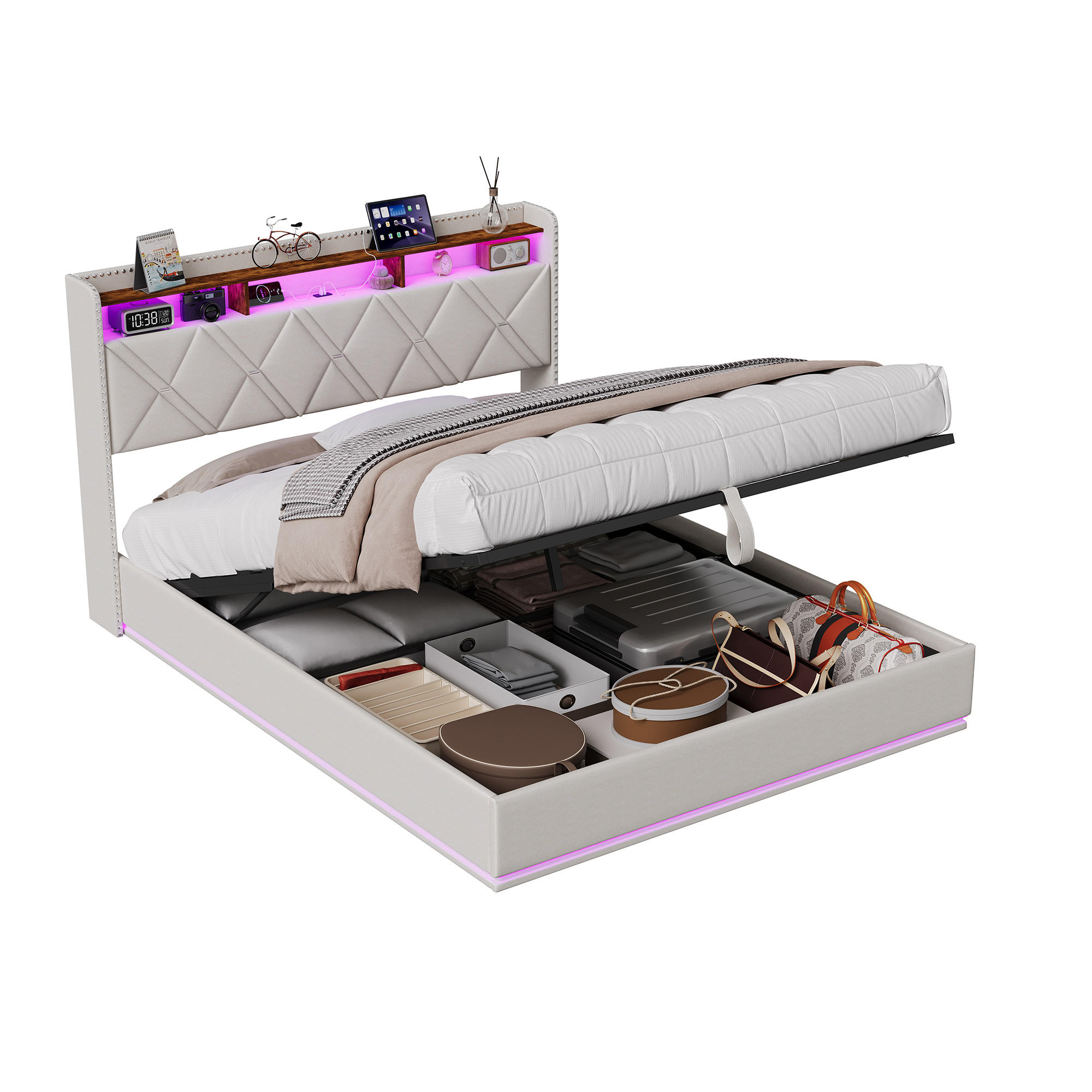 POLSTERBETT 160/200 cm Beige mit hydraulischem Stauraum, LED mit Ablage und USB - Beige, Metall (160/200cm) - EuroLiving