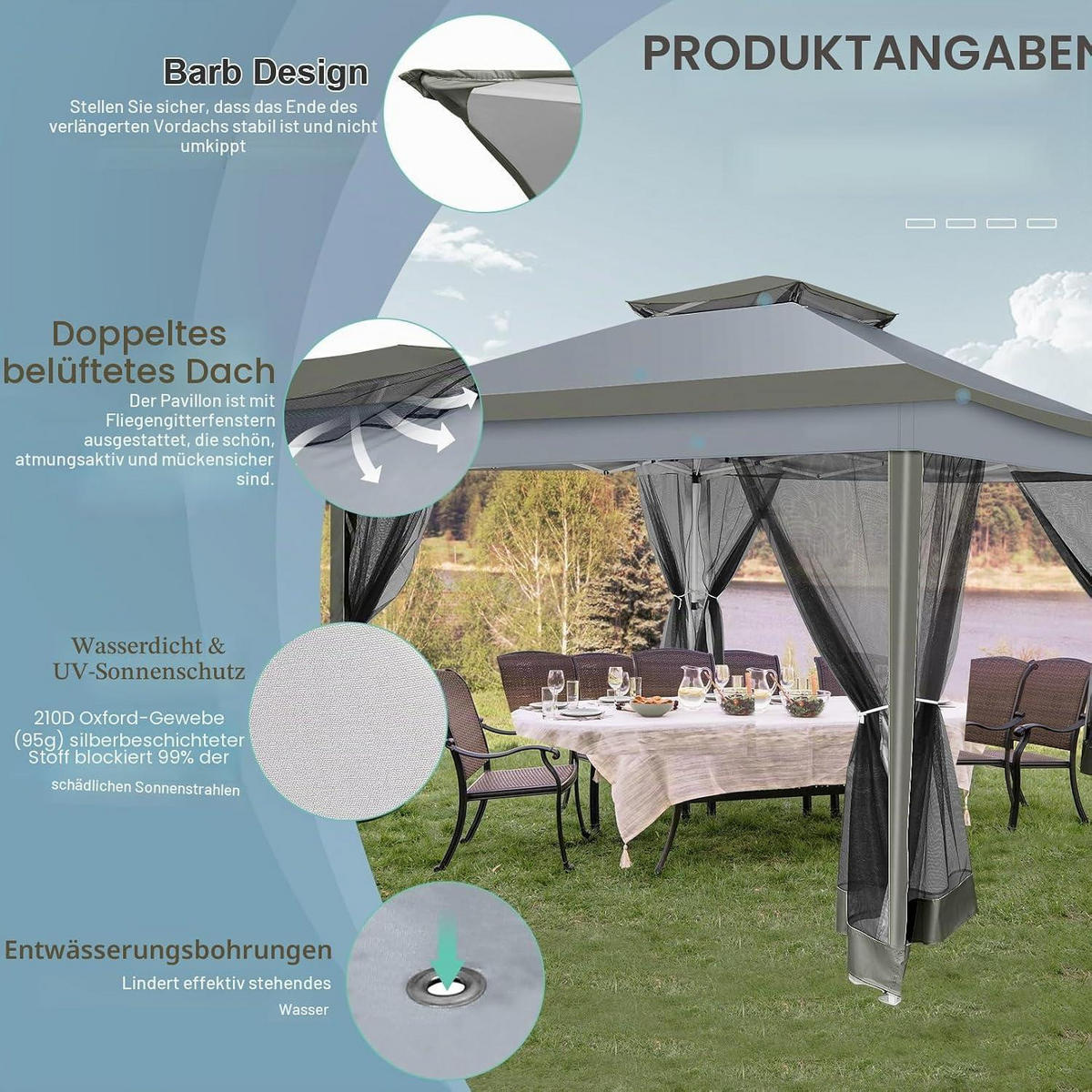 PAVILLON 3,65 x 3,65 m Dunkelgrau mit Moskitonetz - Grau, Textil (365/275/365cm)