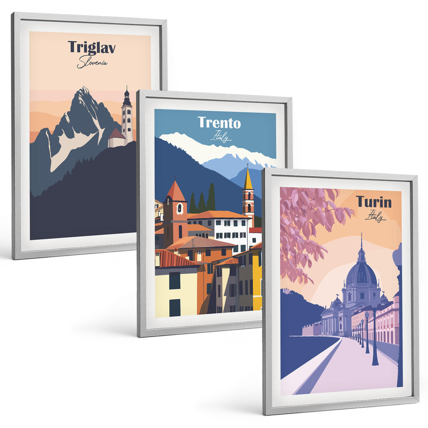 BILDER SET 3er Set - 40x60 cm Silberner Rahmen - Retro-Illustrationen zur Bergarchitektur - Silberfarben, Kunststoff (40/60cm) - TULUP