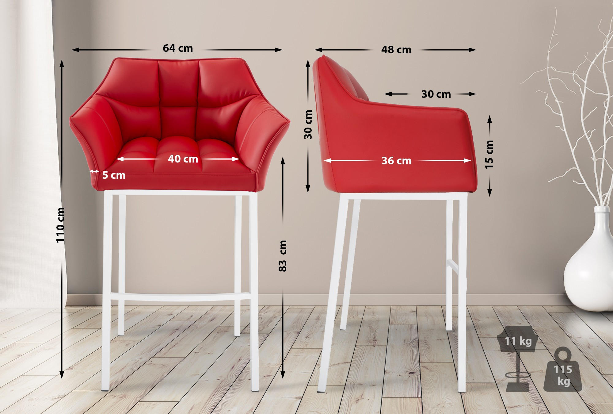 BARHOCKER Lederlook Rot - Rot/Weiß, Textil/Metall (64/110/48cm) - CLP