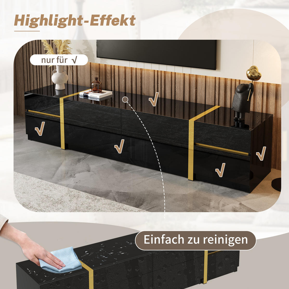 TV-SCHRANK Hochglanz Gold Schubladen Türen modern - Schwarz, Holzwerkstoff (40/38/180cm) - FLIEKS