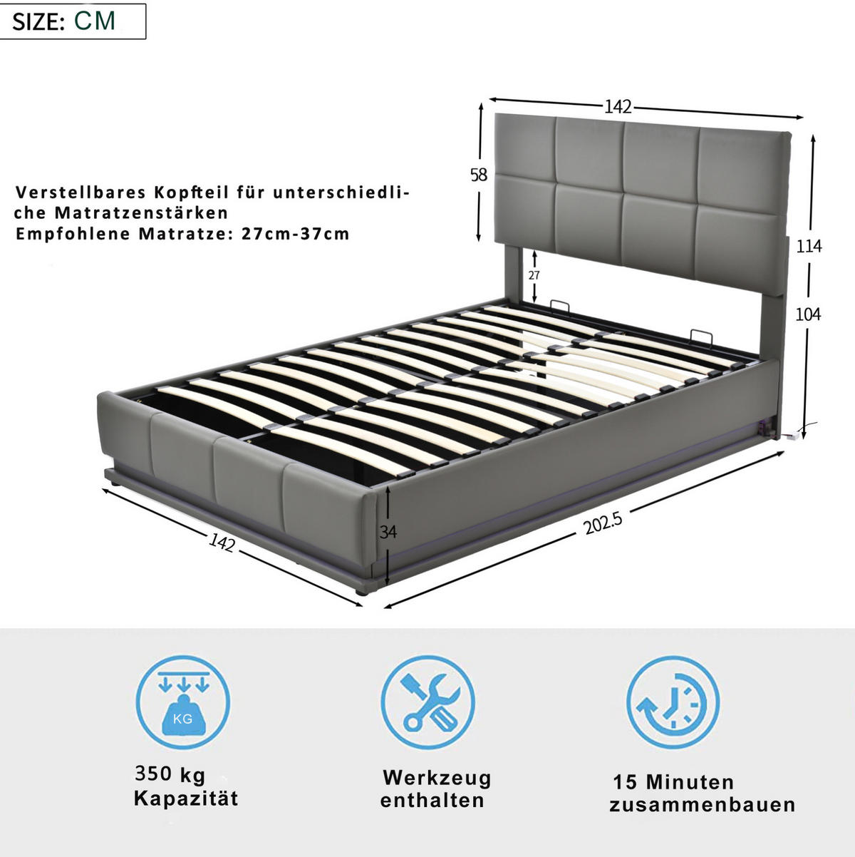 POLSTERBETT 140/200 cm mit LED-Beleuchtung, hydraulischem Bettkasten und Kunstlederbezug, Grau - Grau, Textil (140/200cm) - Redom