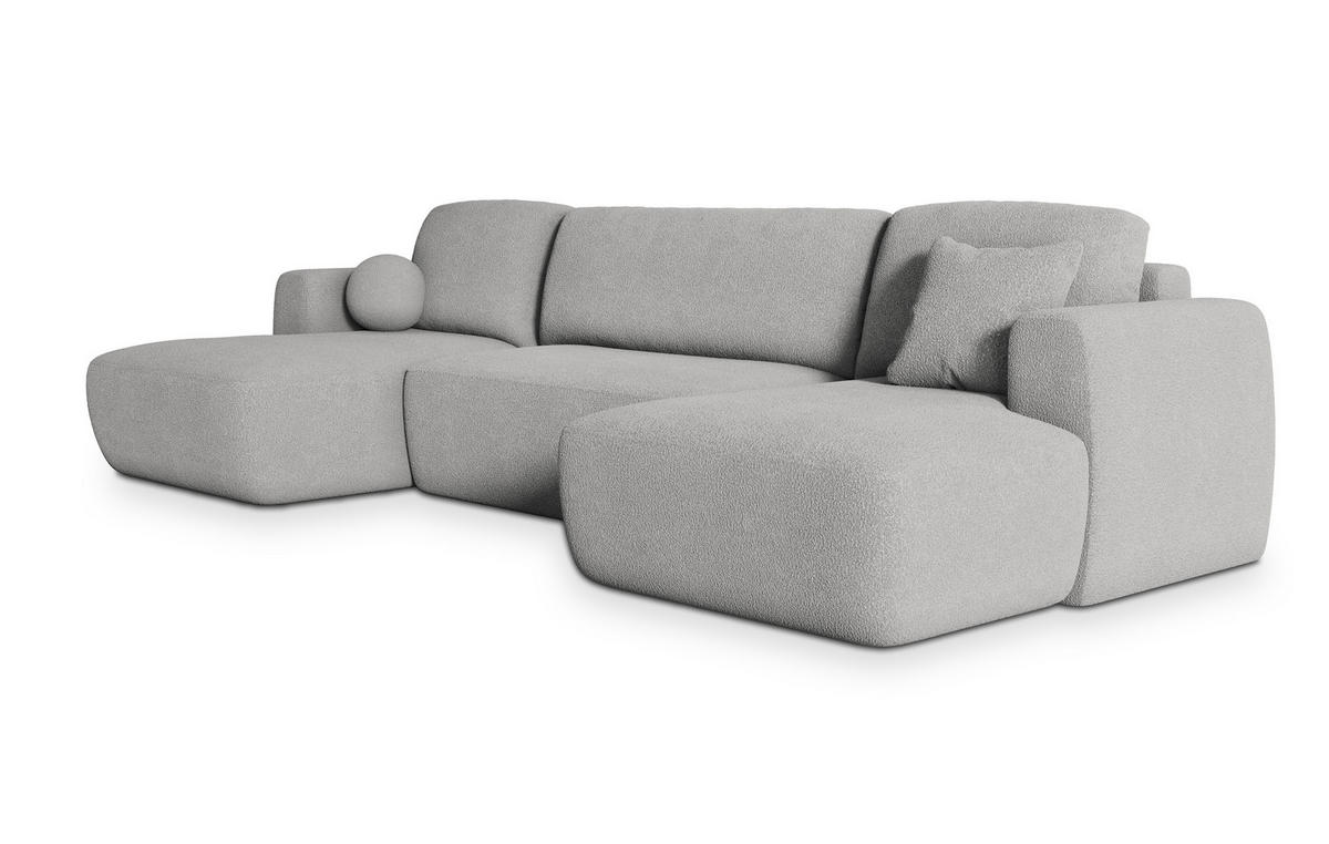 WOHNLANDSCHAFT SENTUM N Hellgrau Boucle-Stoff mit Schlaffunktion - Hellgrau, Holz (330/90/148cm) - MASSENO