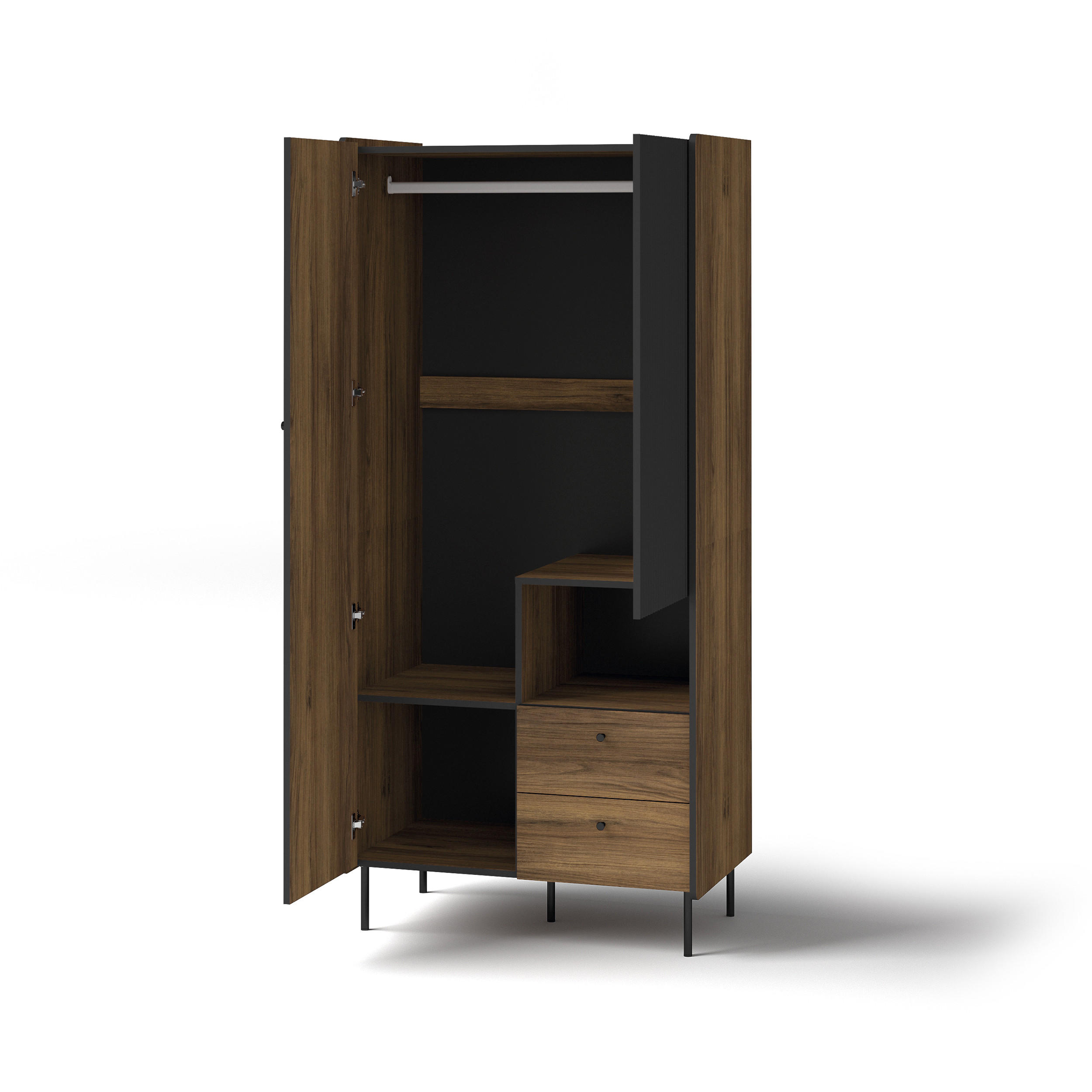 DREHTÜRENSCHRANK Piano mit 2 Türen und 2 Schubladen, Mattschwarz + Warmia-Nussbaum - Dunkelbraun/Schwarz, Holzwerkstoff (88/191/55cm) - Beautysofa