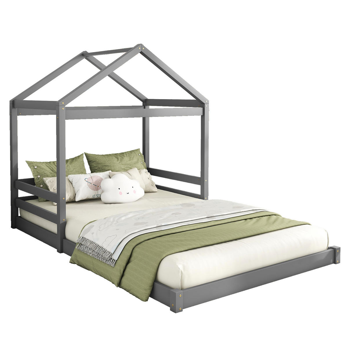 HAUSBETT 140/200 cm grau mit Lattenrost aus Kiefernholz - Grau, Holz (140/200cm) - OKWISH