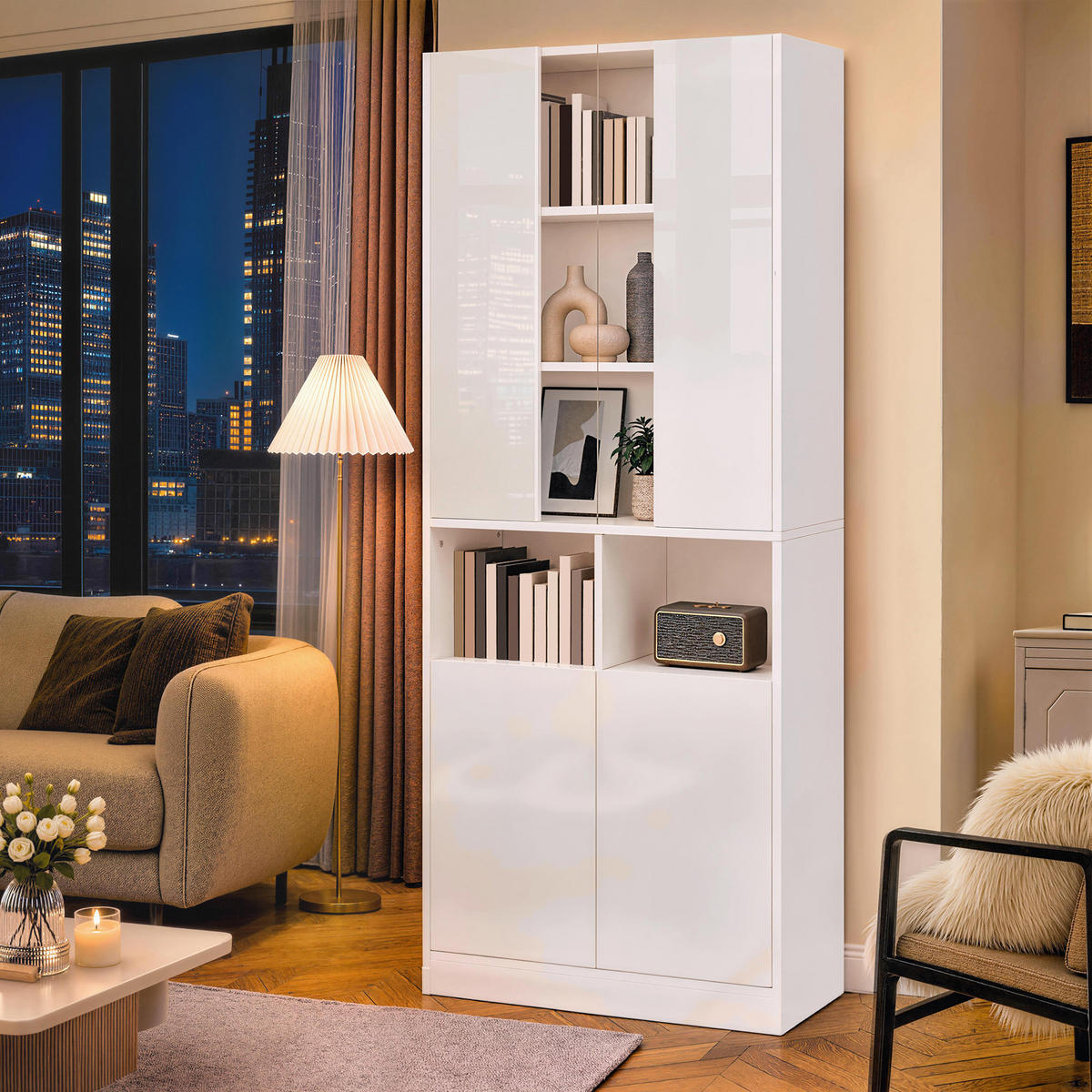 HOCHSCHRANK mit Acrylglas, LED und 2 Türen - Weiß, Holzwerkstoff (70/180/35cm) - FLIEKS