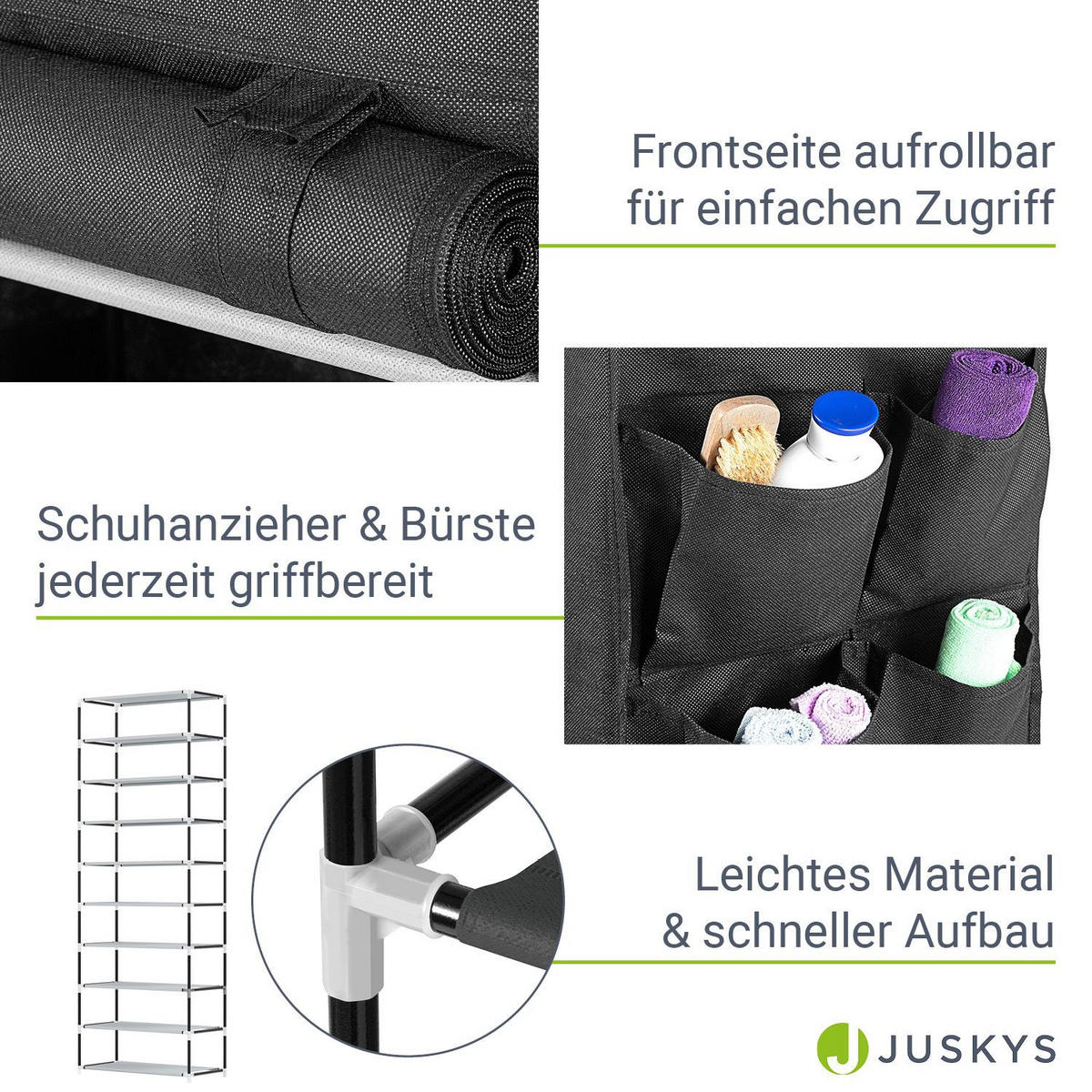 SCHUHREGAL mit Seitentaschen 160 x 88 cm schwarz - Schwarz, Textil (88/160/28cm) - Juskys
