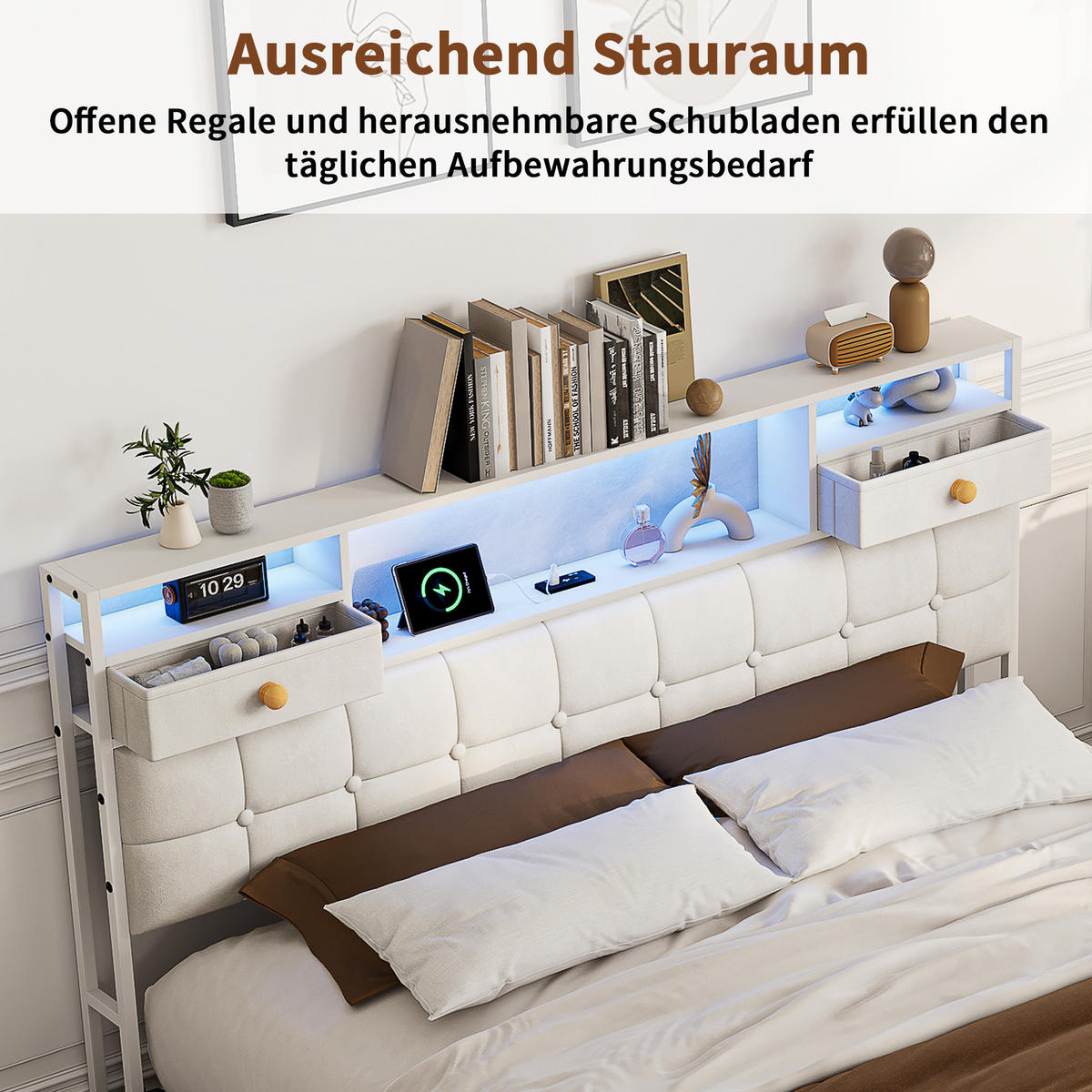 SÄNG 160x200cm beige med lådor, RGB-LED och laddningsstation - Vit, Trä - SHOPENTRA