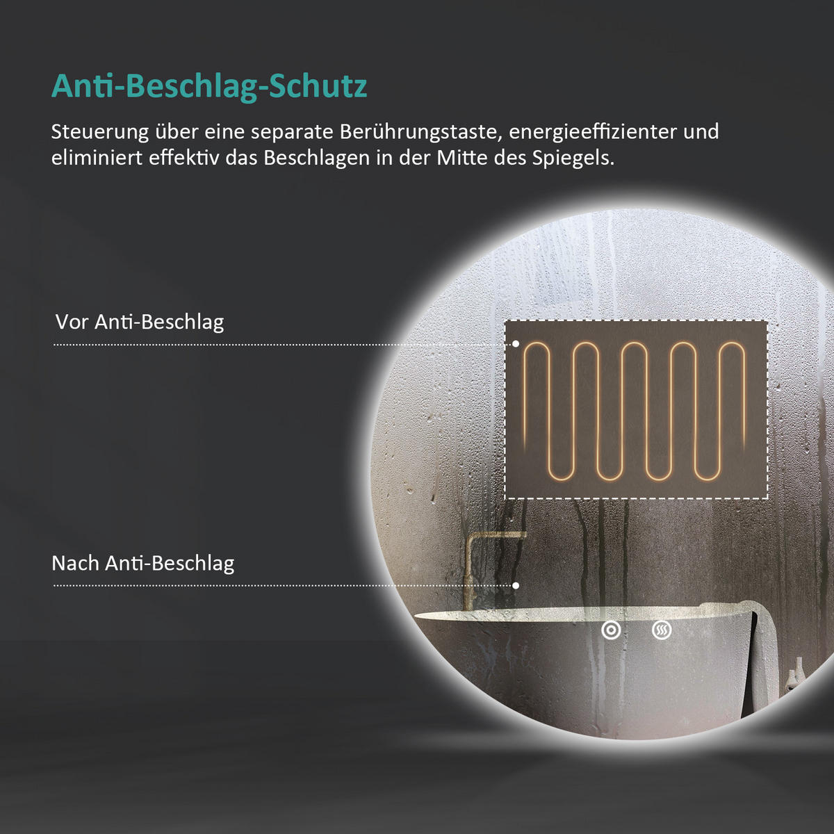 BADSPIEGEL Runder mit Antibeschlag Dreifarbige Beleuchtung ф70 cm - Weiß, Glas (70/3.5/70cm) - EMKE