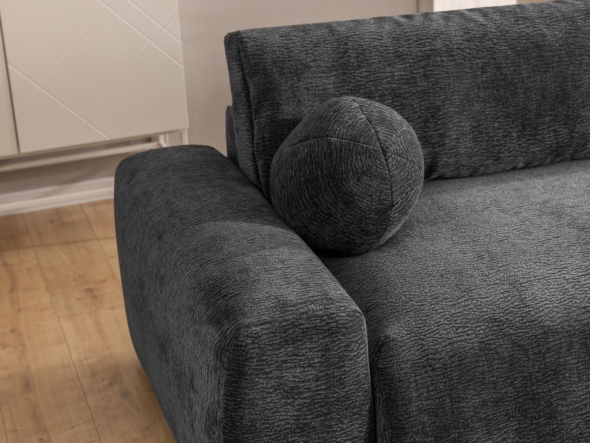 ECKSOFA Puffy mit Schlaffunktion und Bettkasten - besonders weich und puffig aus Dunkelgrau Stoff mit Chenillestruktur - Ottomane rechts - Dunkelgrau/Schwarz, Holz/Kunststoff (266/138cm) - S-Style Möbel