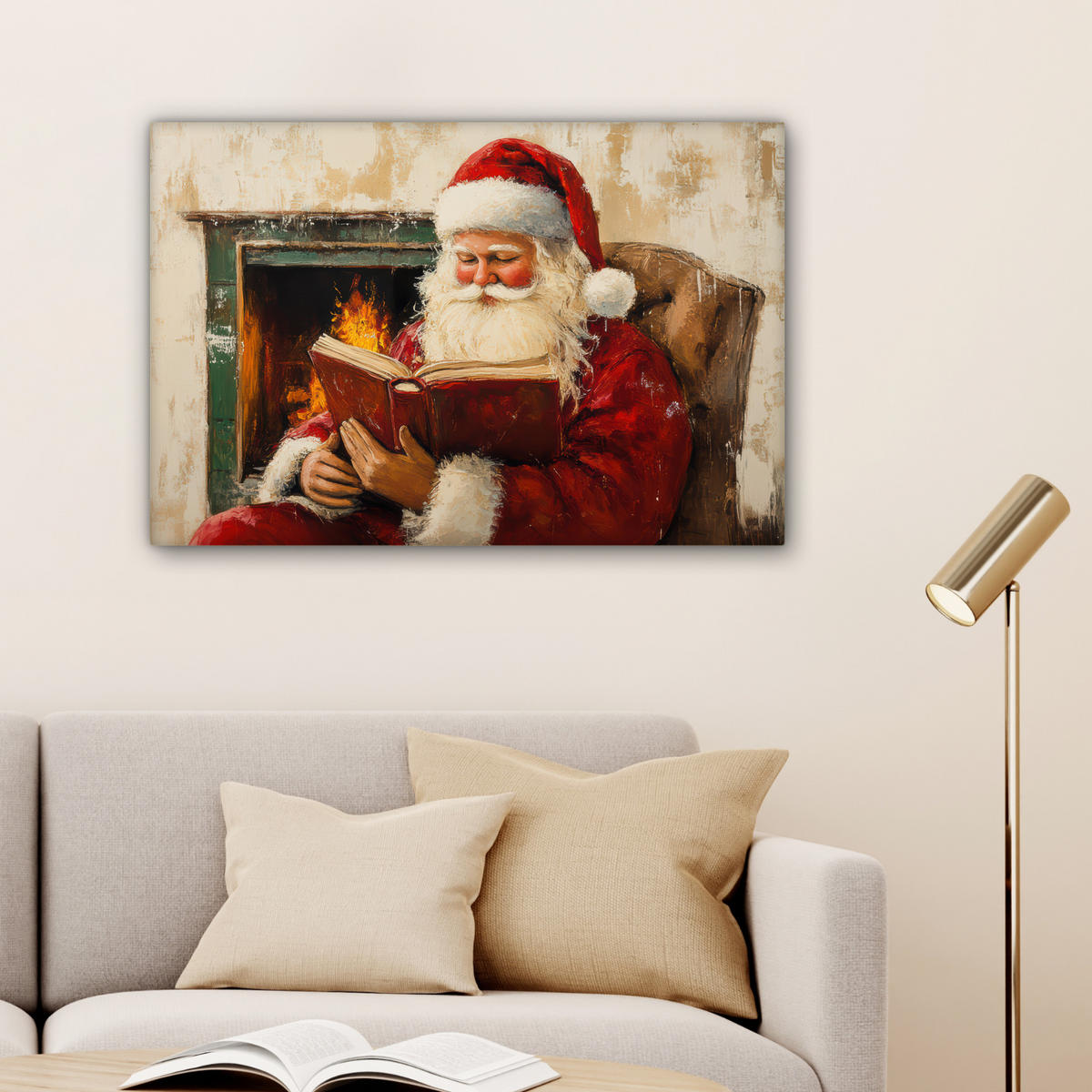 LEINWANDBILD Weihnachten - Weihnachtsmann - Winter - Open Fireside Gemälde 60x40 cm - Dunkelrot, Textil (60/40cm) - MuchoWow