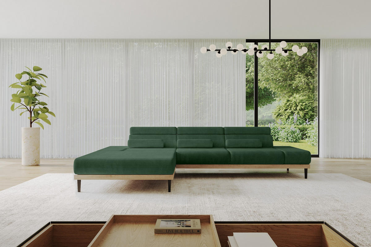 ELEKTRISCHES ECKSOFA Links MONA 316x205x85 Grün Cord - Salbeigrün/Grün, Holzwerkstoff/Textil (316/205cm) - ALTDECOR