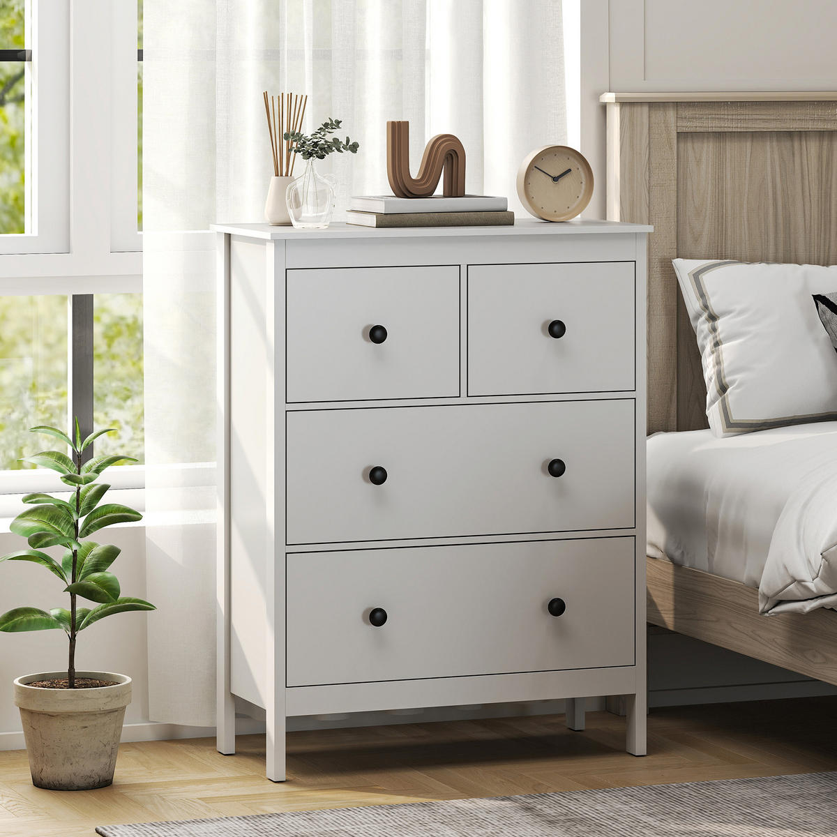 KOMMODE Moderner Sideboard mit 4 Schubladen für Wohnzimmer Weiß - Schwarz/Weiß, Holzwerkstoff/Kunststoff (35/97/74cm) - HOMCOM