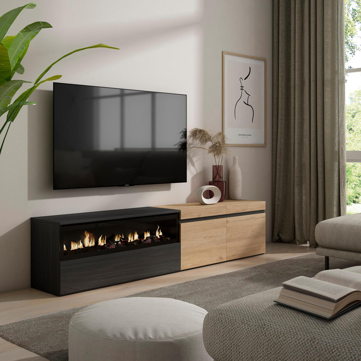LOWBOARD, mit Elektrokamin, eiche, schwarz, 200/35/45cm - Eichefarben/Schwarz, Holzwerkstoff (200/45/35cm) - Skraut Home