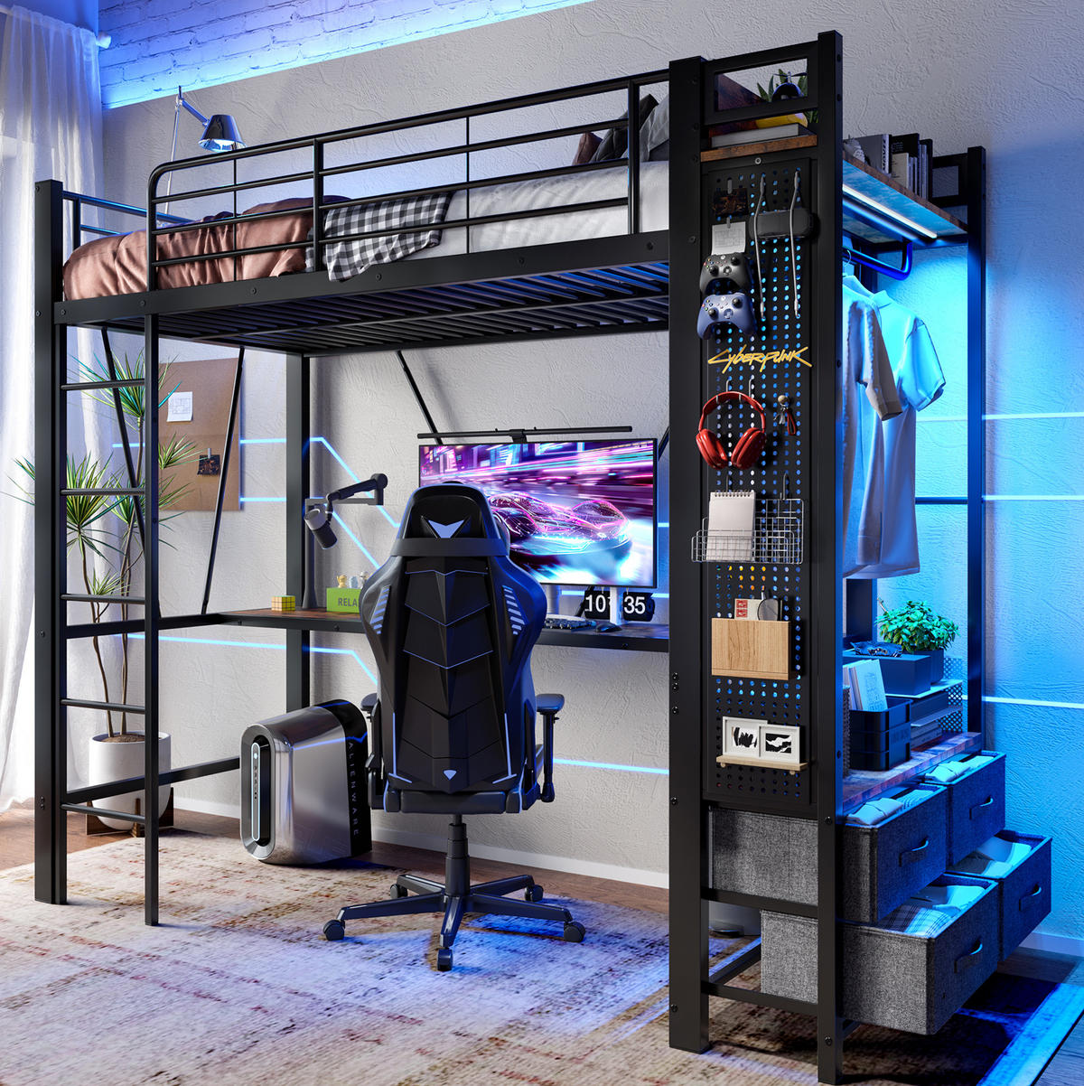 HOCHBETT aus Metall und MDF 90x200 cm Schwarz mit Schreibtisch, LED-Leiste, USB-C und 4 Schubladen - Schwarz, Metall (90/200cm) - IVMEU