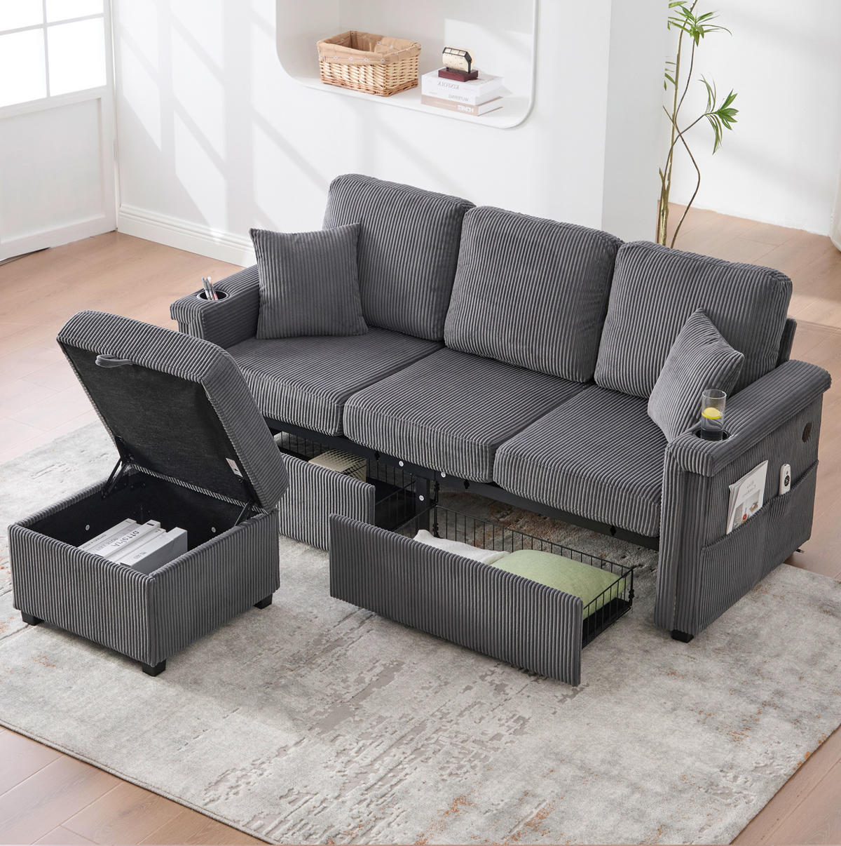 SOFA mit LED und USB/TYPE-C 194 x 73 x 81 cm Corduroy Dark Gray - Dunkelgrau, Kunststoff (194/81/73cm) - Meubliv