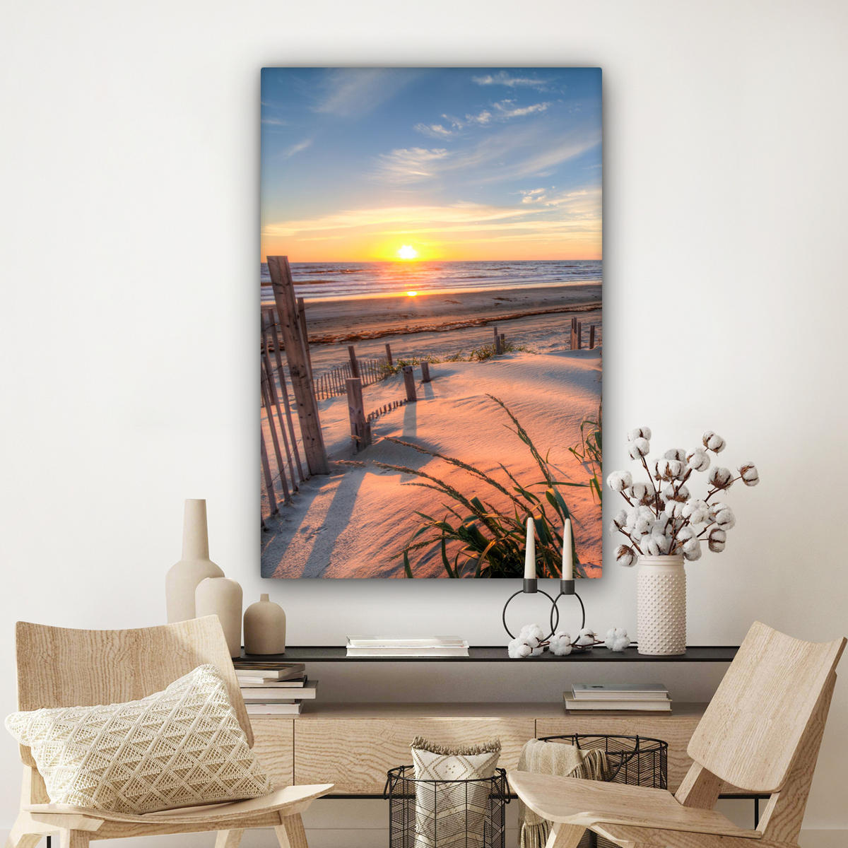 LEINWANDBILD Strand - Meer - Düne - Sonnenuntergang - Landschaft Deko Groß 90x140 cm - Beige, Textil (90/140cm) - MuchoWow