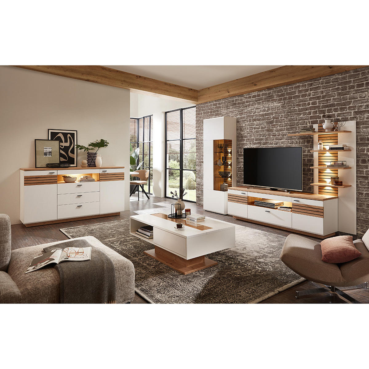 WOHNZIMMER-SET 5-TLG. Fallon-55 - Weiß, Holzwerkstoff (658/200/65cm) - Lomado