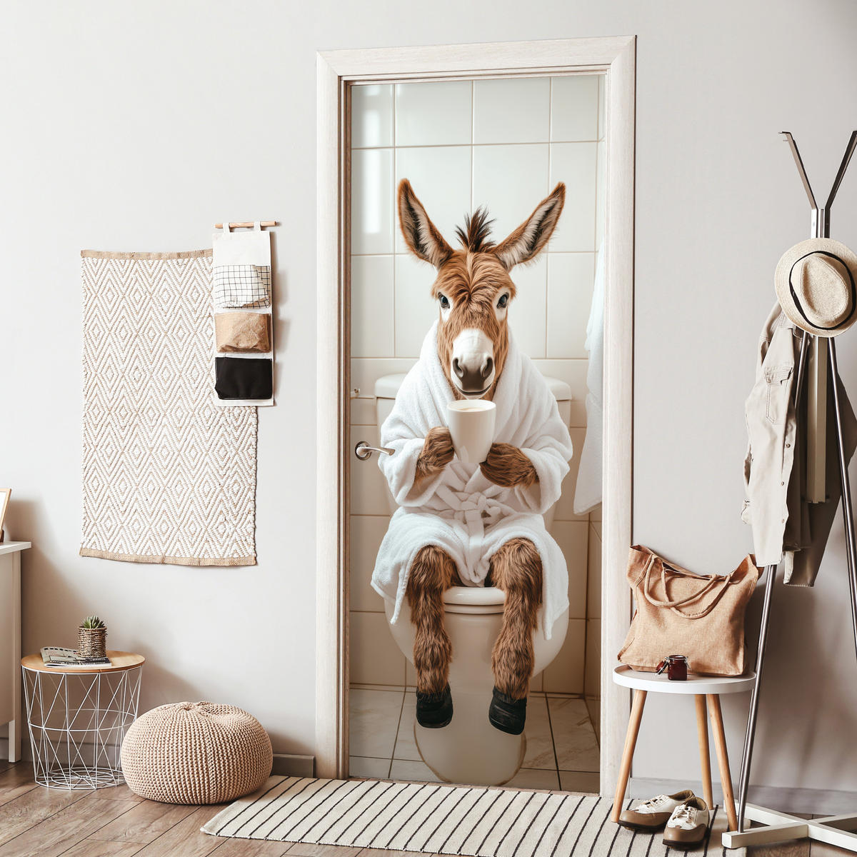 TÜRAUFKLEBER Selbstklebend - Esel - WC - Lustig - Bademantel - Tier 95x235 cm - Türtapete - Beige, Kunststoff (95/0.1cm) - MuchoWow