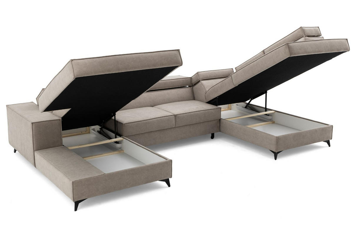ECKSOFA PURE U Rechts mit Schlaffunktion 127x270 Velours Creme - Creme/Schwarz, Holz/Textil (204/340cm) - Muffo