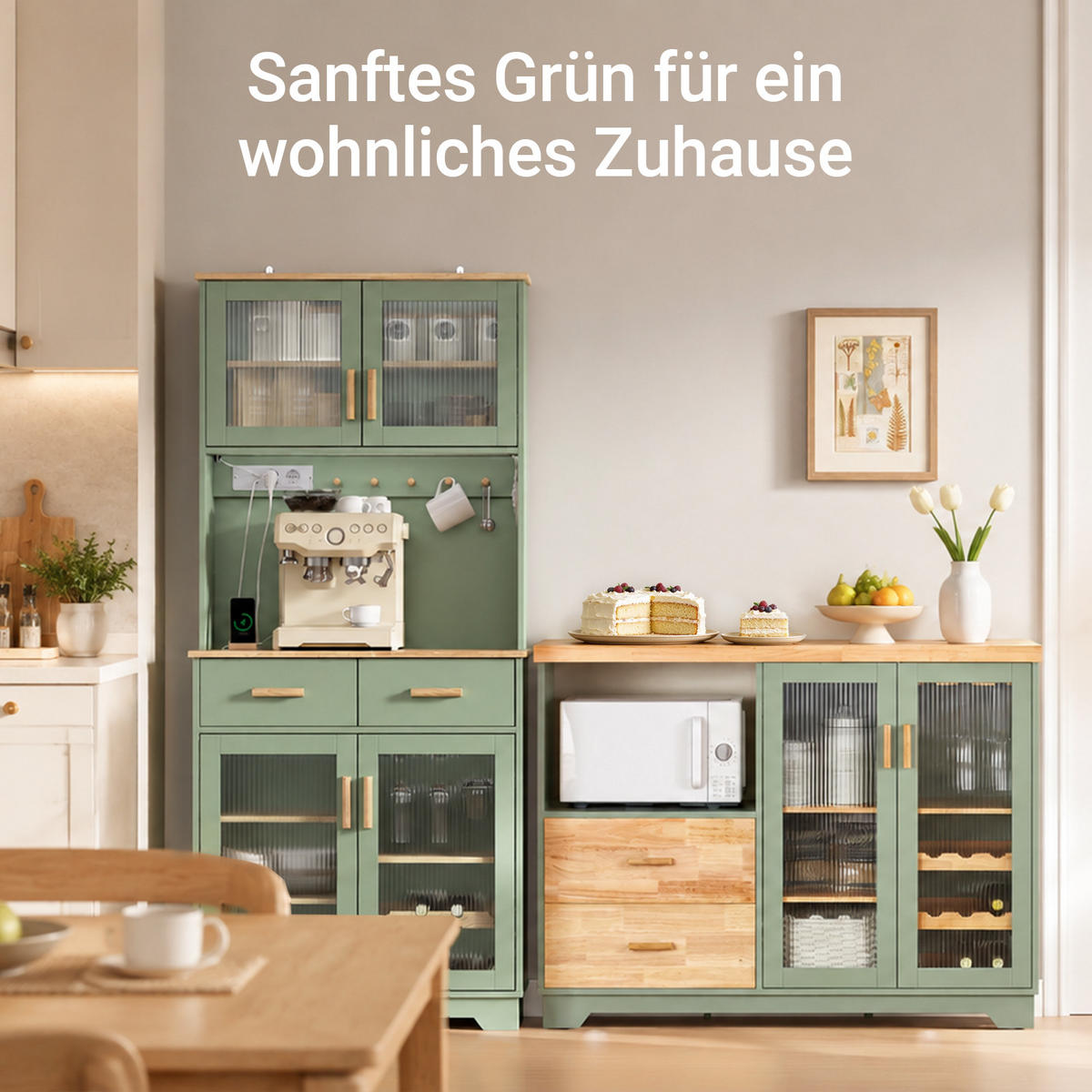 SIDEBOARD Grün, 120 cm breit, Arbeitsplatte aus Gummibaumholz, Glastüren mit Weinglas-Halterung und Flaschenregal, 2 Schubladen - Grün, Glas/Holz (120/90/40cm) - SoBuy