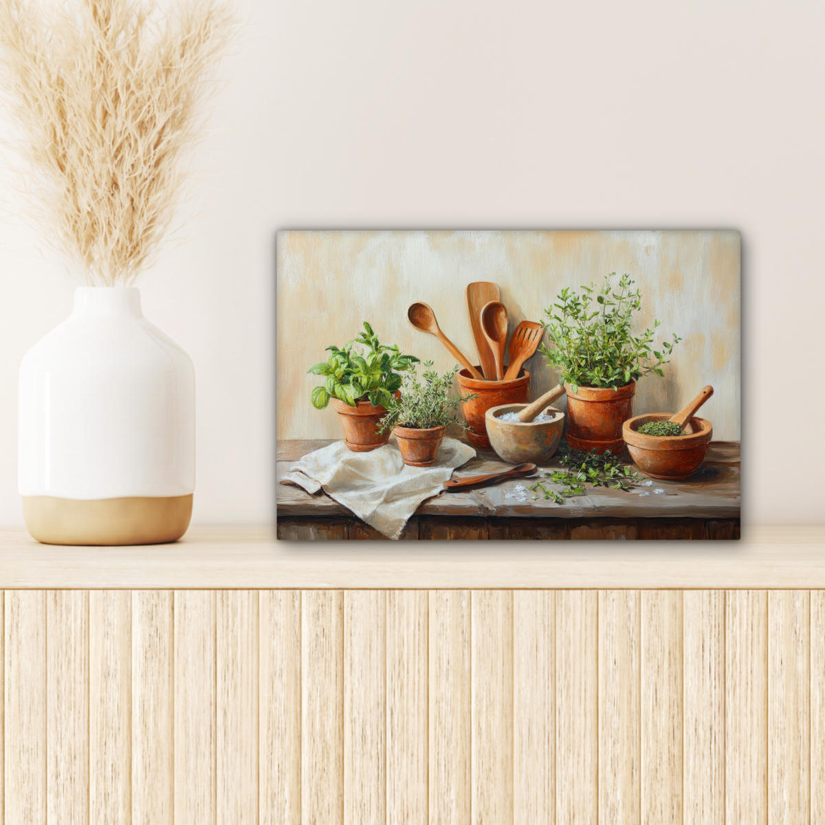 LEINWANDBILD Töpfe - Kräuter - Holz 30x20 cm - Terracotta, Textil (30/20cm) - MuchoWow