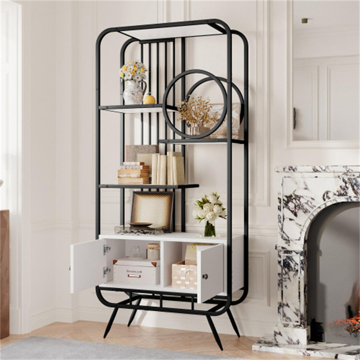 BÜCHERREGAL schwarz, Metallschrank mit Doppeltür und 3 Böden, runde Dekoration, Maße 80 x 30 x 180 cm - Schwarz, Metall (80/180/30cm) - AKL FURNITURE