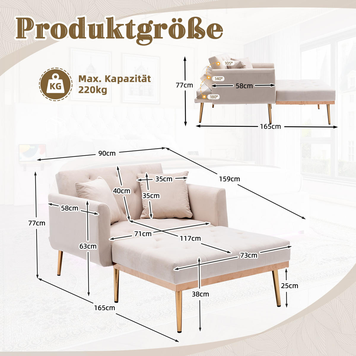 SCHLAFSOFA Zweisitzer,Relaxsessel mit Schlaffunktion,ausziehbar,Samt,Beige - Beige, Textil (90/77/165cm) - LVHOM