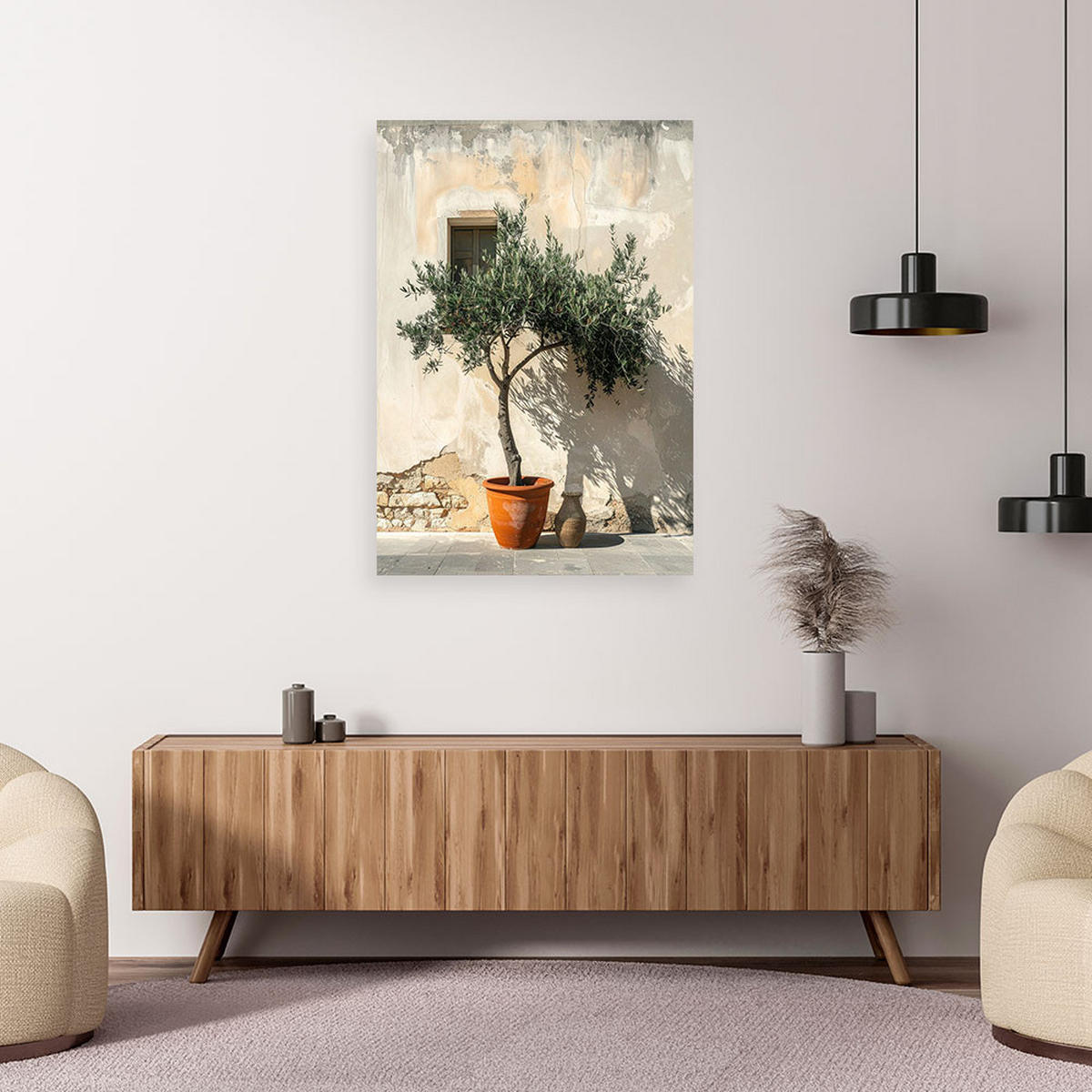 WANDBILD, Ein Olivenbaum im Topf in mediterraner Anordnung - Grau, Textil (40/60cm) - Feeby
