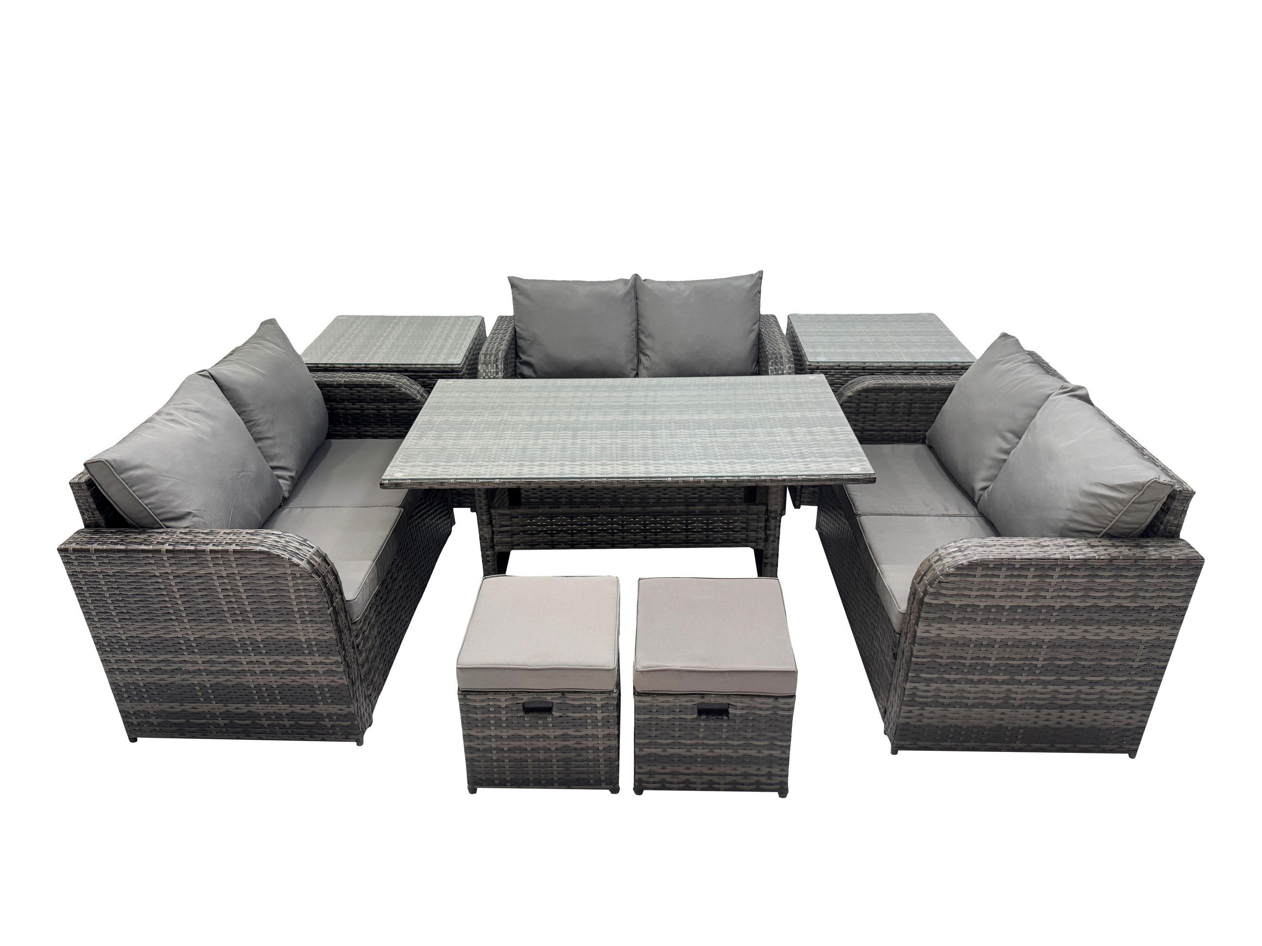 SITZGRUPPE mit Esstisch,Zweisitzer,2 Hockern,Beistelltischen Polyrattan 8-Sitzer - Dunkelgrau/Grau, Glas/Kunststoff - Fimous