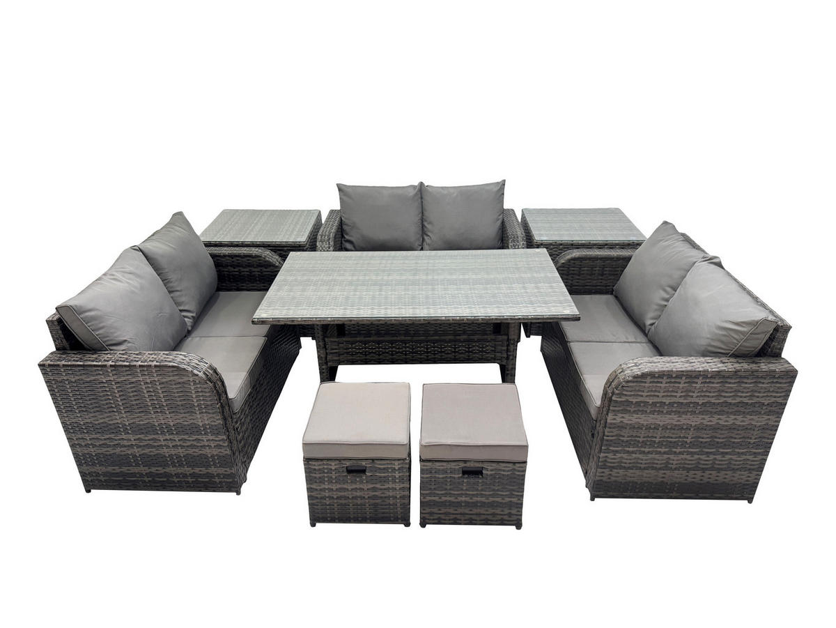 SITZGRUPPE mit Esstisch,Zweisitzer,2 Hockern,Beistelltischen Polyrattan 8-Sitzer - Dunkelgrau/Grau, Glas/Kunststoff - Fimous