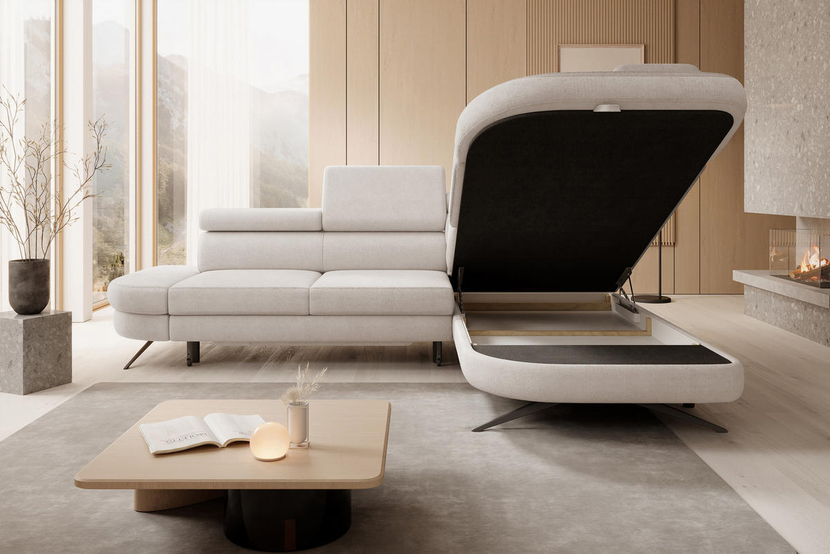 ECKSOFA OTIS L-förm, Schlaffunktion, verstellbare Kopfstützen, in AURORA-Stoff, lose Rückenkissen, freistehend, RECHTS 276x218x97 cm Beige - Beige, Holz/Textil (276/218cm) - DomoHome