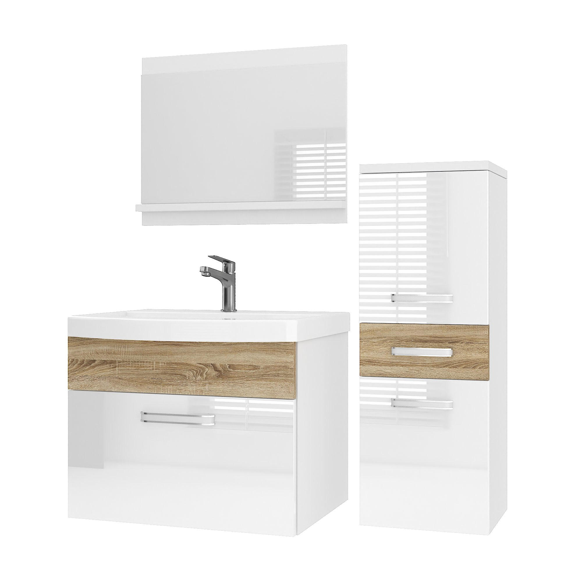 BADMÖBEL Badezimmer SET PRI PM2, Weiß/Sonoma Eiche Hochglanz, 90 cm - Weiß/Sonoma Eiche, Holz (38.7/81/90cm) - B BELINI GROUP