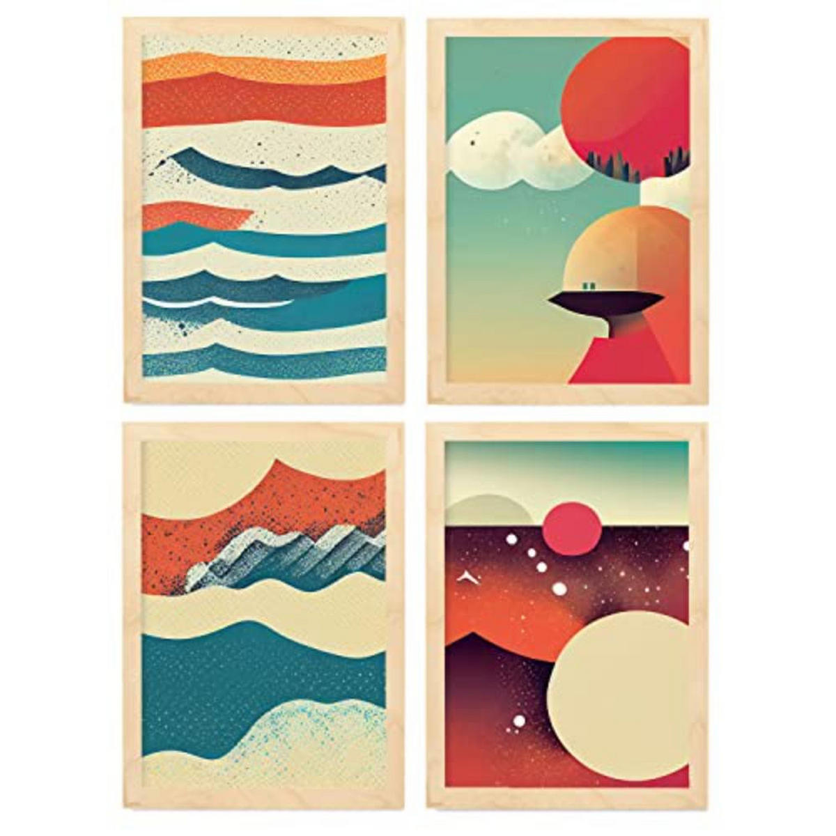 POSTER Set mit 4 Abstrakt Wellen Moderne Galaxien A4 Rahmen aus hellem Holz - Beige, Papier (29.7/3cm) - Nacnic