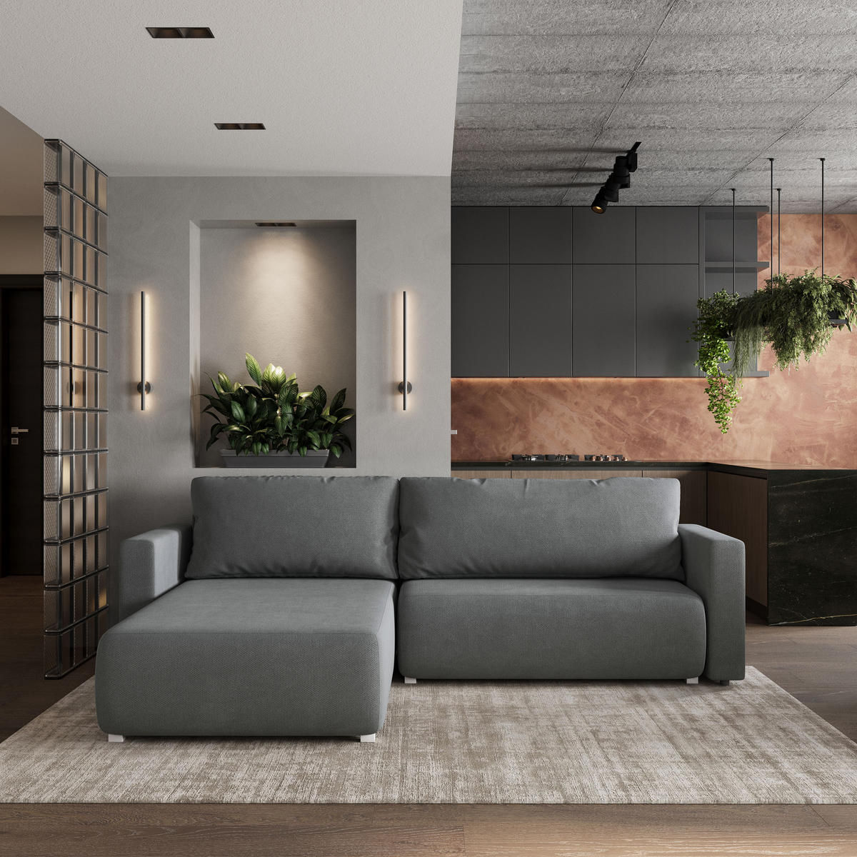 ECKSOFA TURIN Grau Geflochtener Stoff mit Schlaffunktion - Grau, Holz (265/183cm) - MASSENO