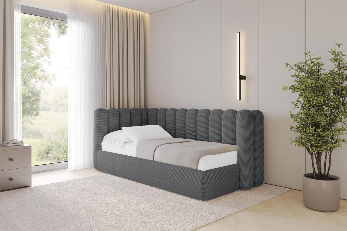 EINZELLBETT Jugendbett mit Bettkasten und Matratze H3/H4, Rechts - HUGY 100x200 Dunkelgrau - Schieferfarben, Holzwerkstoff/Textil (100/200cm) - ALTDECOR