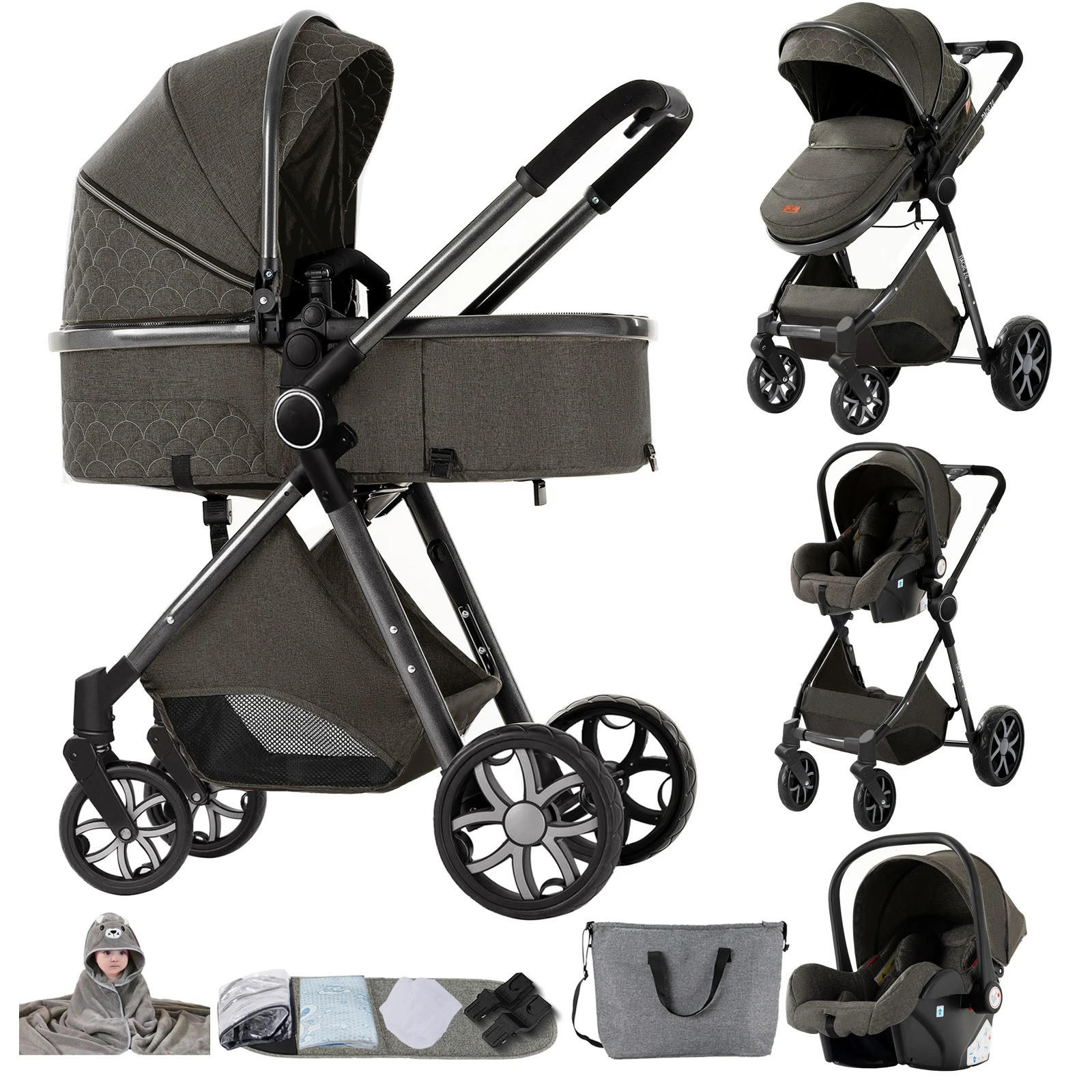 KINDERWAGENSET 3-in-1 mit Autositz, Neugeborenen-Sicherheitsgurt mit fünf Punkten, stoßdämpfend, faltbar, YV9-Dunkelgrau - Dunkelgrau, Metall (80/60cm) - Kaket