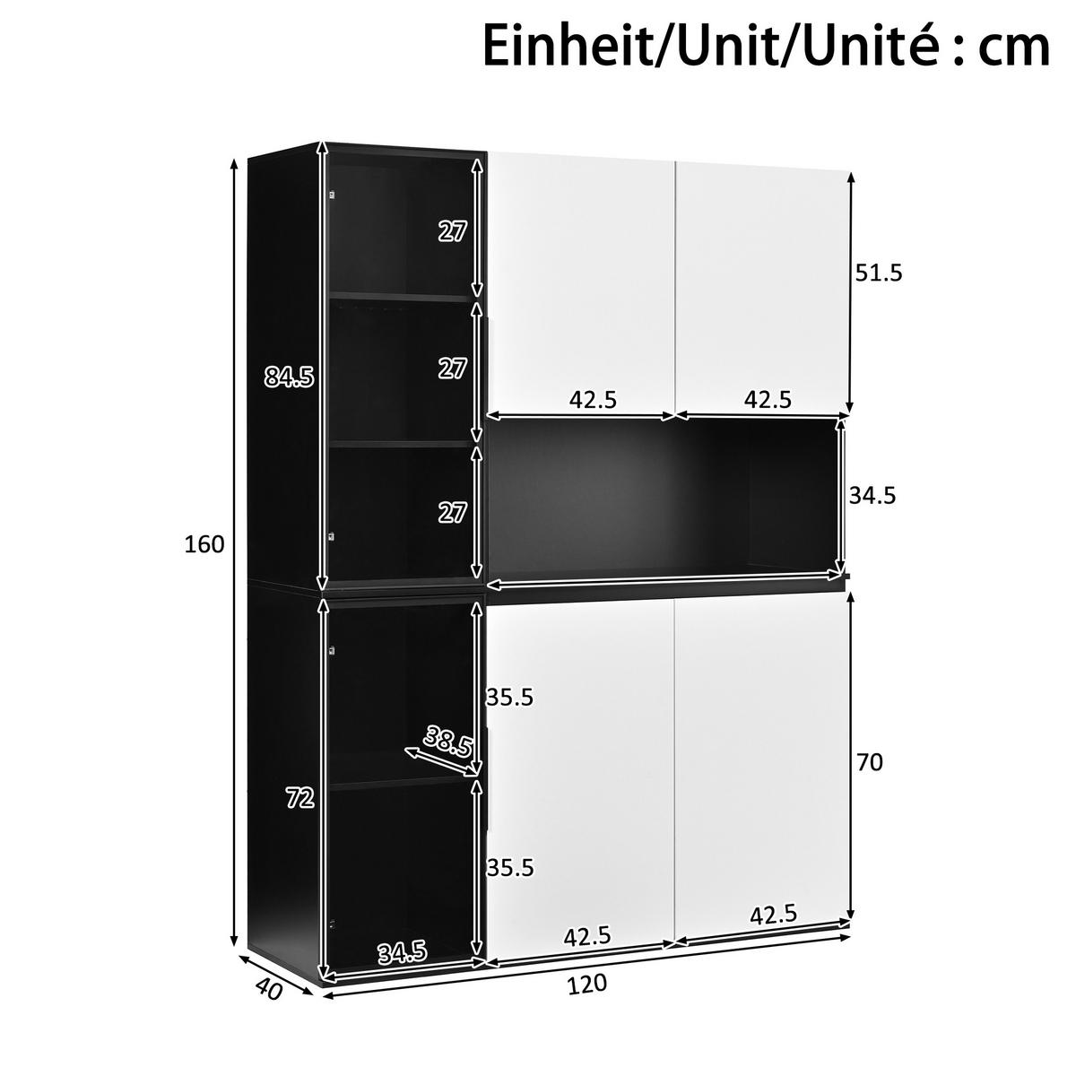 HIGHBOARD DE-37516 120/40/160 cm mit LED-Beleuchtung Weiß/Schwarz - Schwarz/Weiß, Holzwerkstoff (120/160/40cm) - ComfortXL