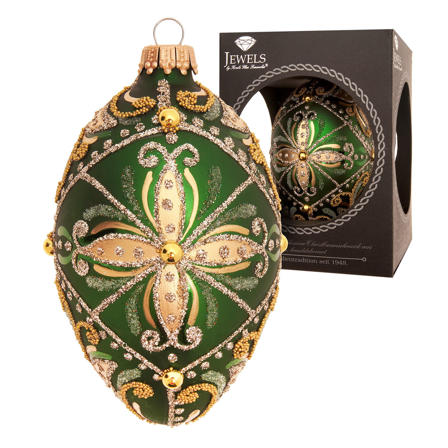 CHRISTBAUMSCHMUCK Ei-Strassdekor Byzantin Grün 10cm (Glas / 1 Stk.) - Grün, Glas (7/10/7cm) - Krebs Glas Lauscha