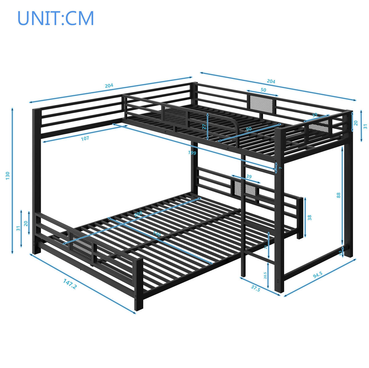 ETAGENBETT 90/200 über 140/200 cm aus Metall mit Schutzgittern und platzsparendem L-Design, Schwarz - Schwarz, Metall (140/200cm) - Redom