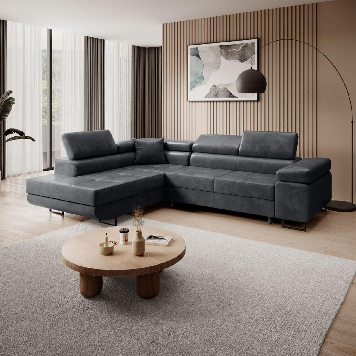 ECKSCHLAFSOFA Waldo verstellbaren Kopfstützen, Schwarz, links - Schwarz, Textil (275/203cm) - Beautysofa