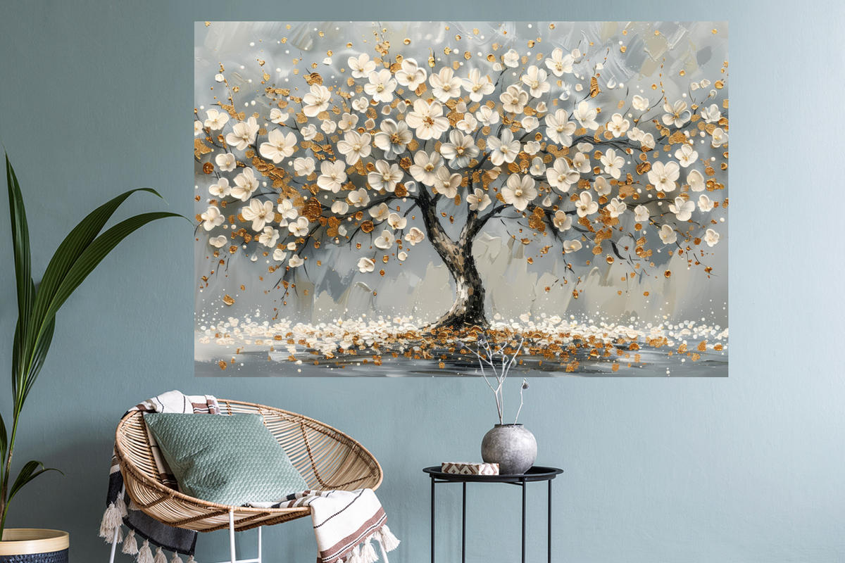 WANDTATTOO Baum - Blumen - Weiß - Natur - Kunst 120x80 cm - Weiß, Kunststoff (120/80/0.1cm) - MuchoWow