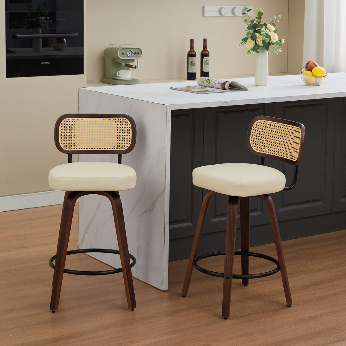 BARHOCKER 2er-Set,Drehstuhl,360° drehbar,PU-Leder,Beige - Beige, Holz (42/90/56cm) - LVHOM