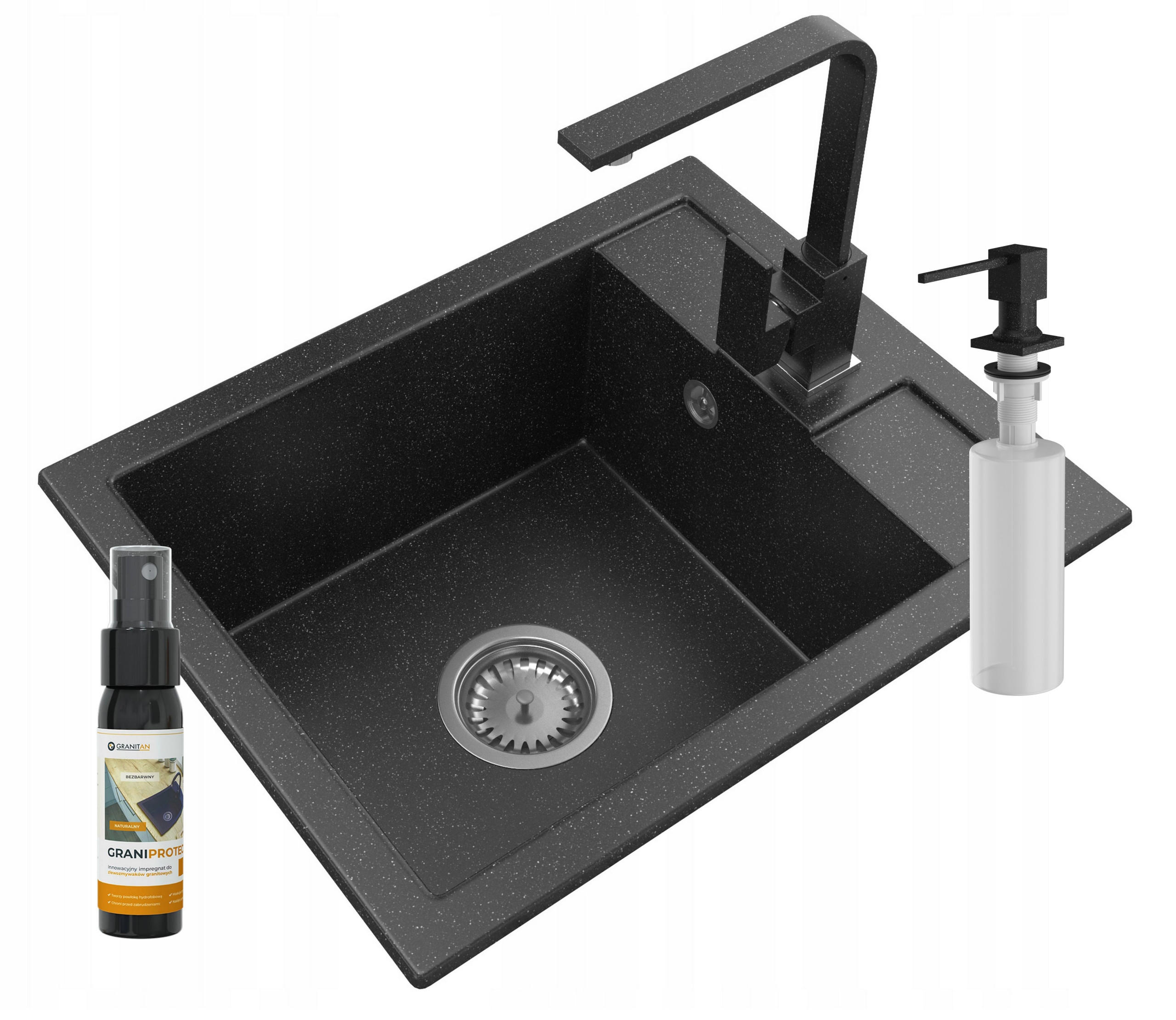 SPÜLBECKEN Best mit Batterie Siphon - Schwarz, Kunststoff/Stein (50/40/18cm) - Granitan