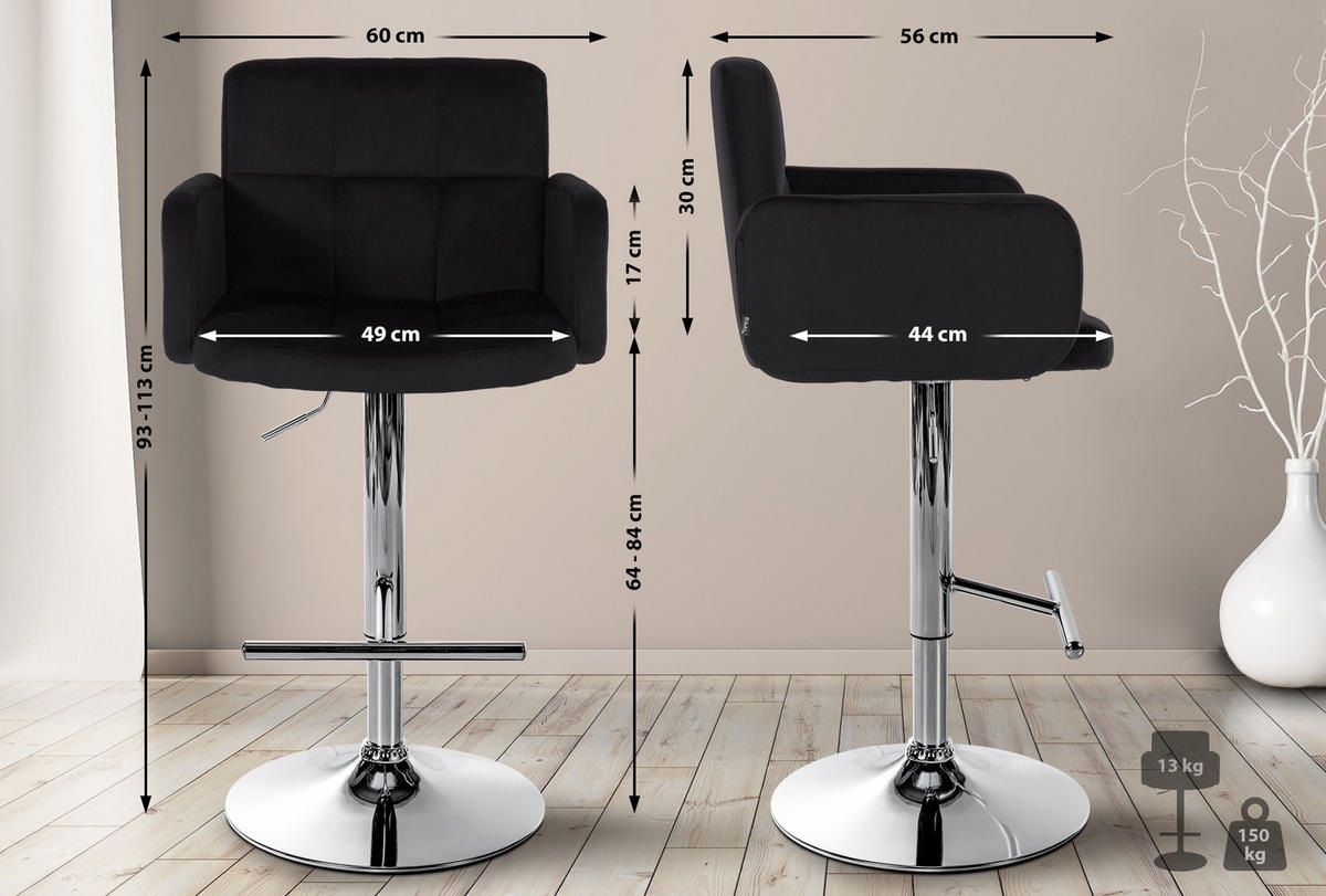 BARHOCKER Samt Schwarz - Chromfarben/Schwarz, Textil/Metall (60/93/56cm) - CLP