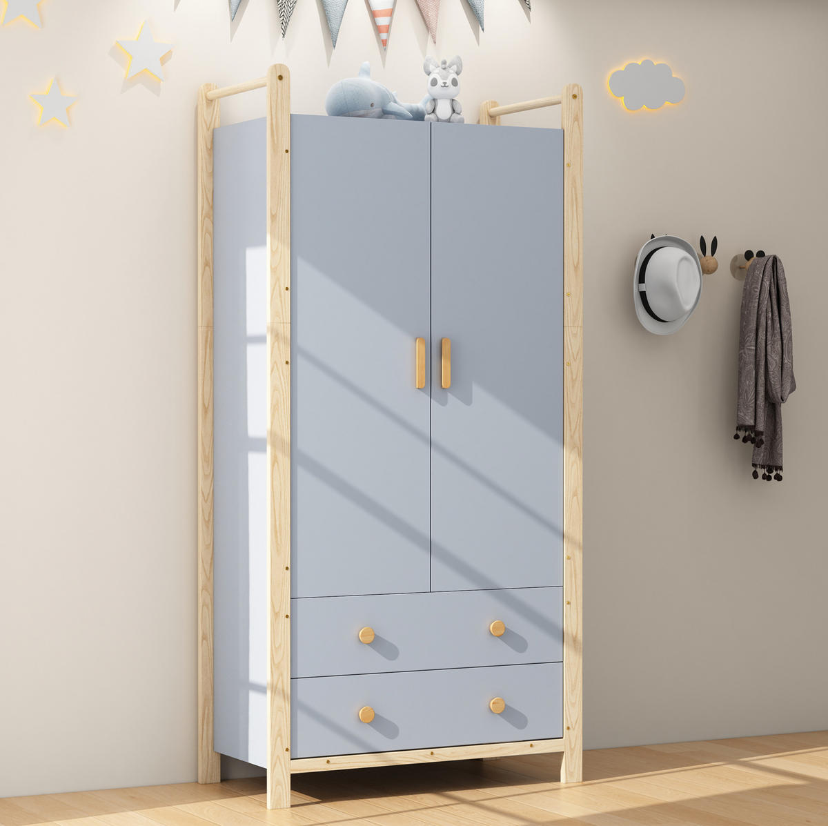 KLEIDERSCHRANK 89,6/44/180,5 cm blau/khaki aus Holzwerkstoff und Kiefer mit Kleiderstange und 2 Schubladen - Blau, Holzwerkstoff (44/180.5/89.6cm) - OKWISH