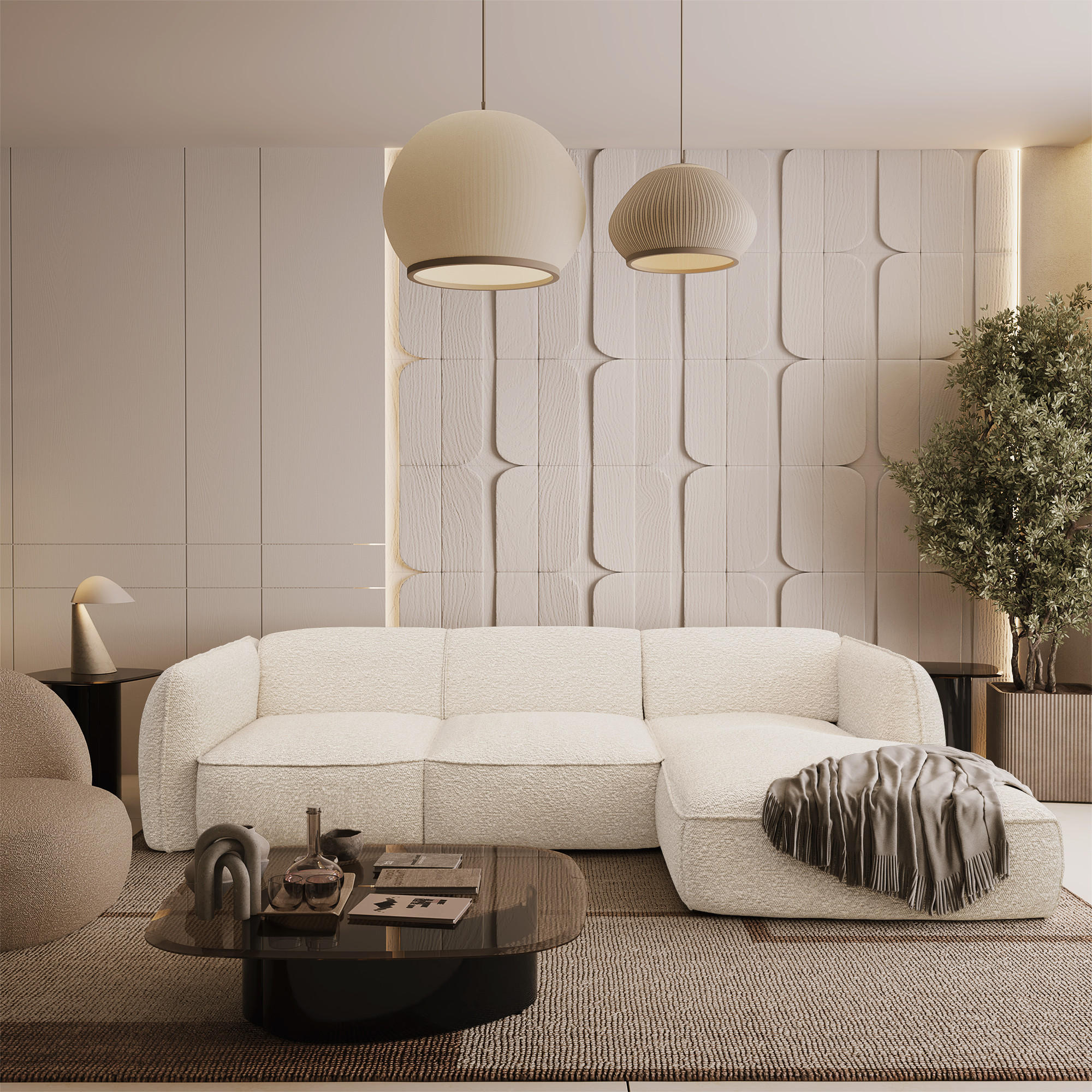 ECKSOFA RECHTS Bouclé-Stoff Creme 272cm - Creme, Textil (272/165cm) - Sia Home