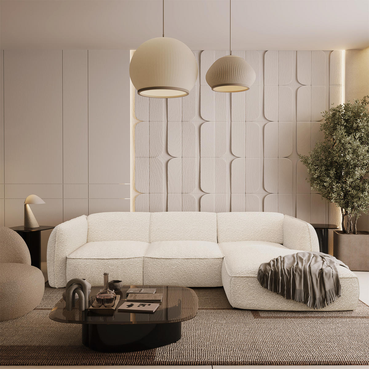 ECKSOFA RECHTS Bouclé-Stoff Creme 272cm - Creme, Textil (272/165cm) - Sia Home